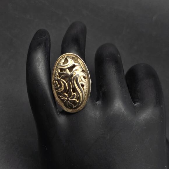 Beau Sterling Floral Oval Ring Gold Wash Size 5 Vintage - Picture 6 of 8